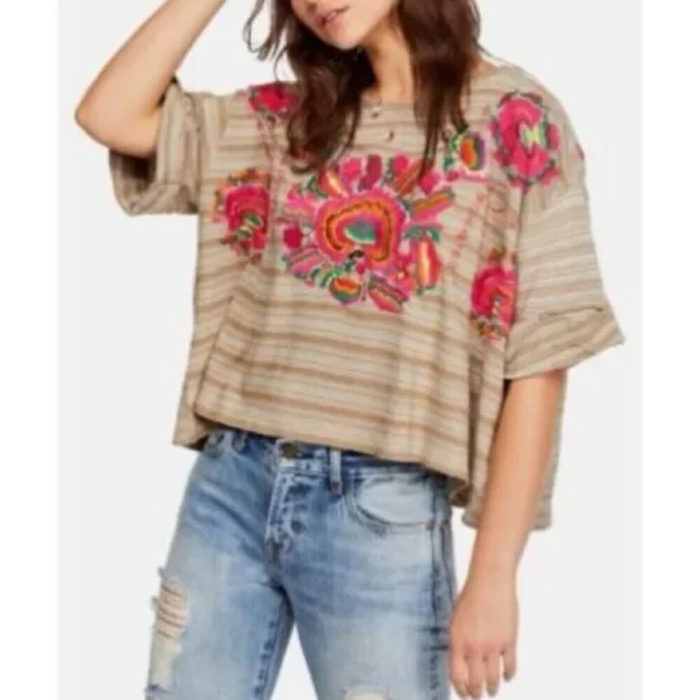 Free People Beige Striped Crop Top with Pink & Green Floral Embroidery
